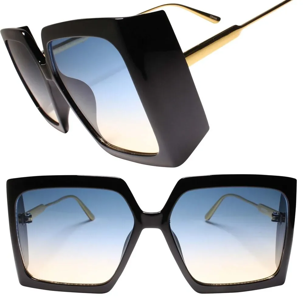 Bold Style Women's Chic Exaggerated Oversized Wrap Square Sunglasses Blue Lens